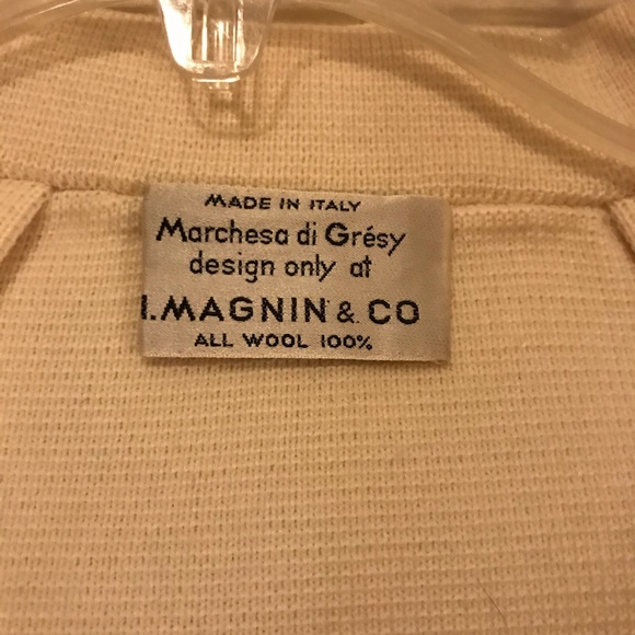 Vtg I. Magnin Wool Cropped Cream Button Sweater - Picture 3 of 7